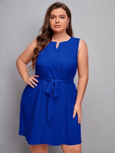 

plus notched neck belted dress 92l9#, Black