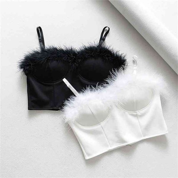 

women faux fur patchwork crop v neck sleeveless back zipper camisole tank short style female fashion 210325, White