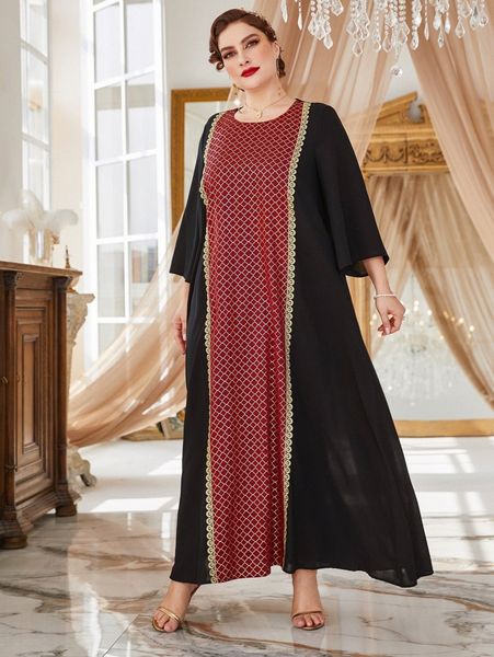 

plus damask print guipure lace detail tunic dress m7ad#, Black