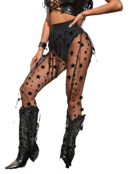 

star allover print semi sheer mesh skirt with panty k4ru#, Black