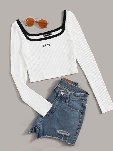 

contrast trim embroidered letter rib-knit c1mj#, White
