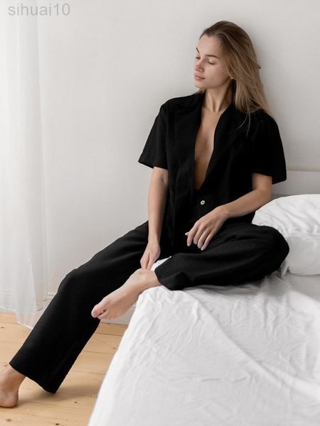 Hiloc preto calça de boquete larga madeirwear mulheres conjuntos de mangas curtas roupas casas de caldeiras de caldeiras solteiras soltas femininas l220803