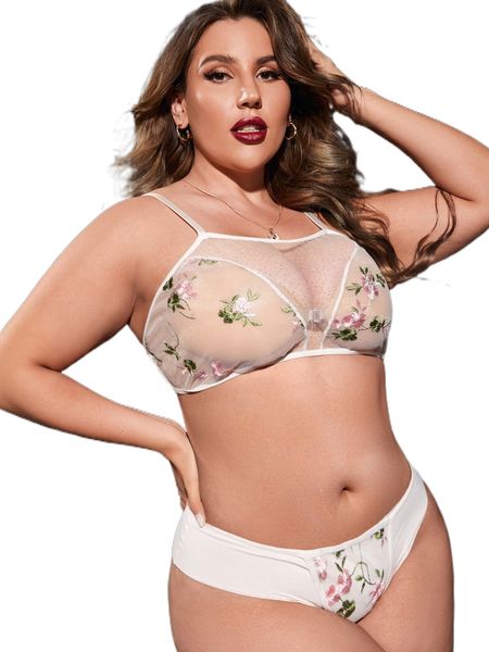 

plus floral embroidery lingerie set e3j7#, Black;white