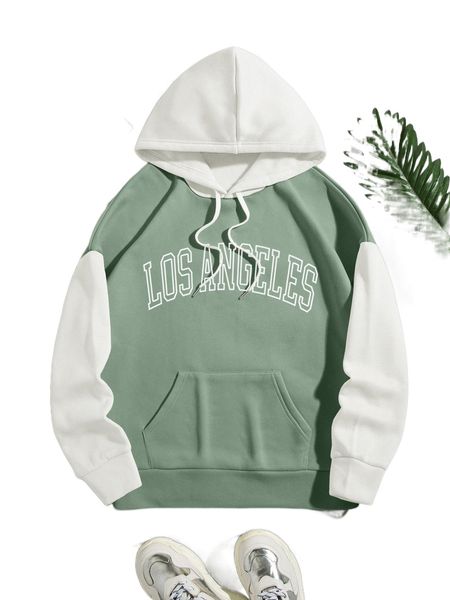 

colorblock letter graphic kangaroo pocket drawstring hoodie g6fx#, Black
