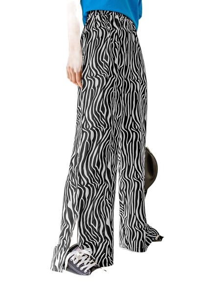 

dazy zebra stripe split hem wide leg pants g6z1#, Black;white