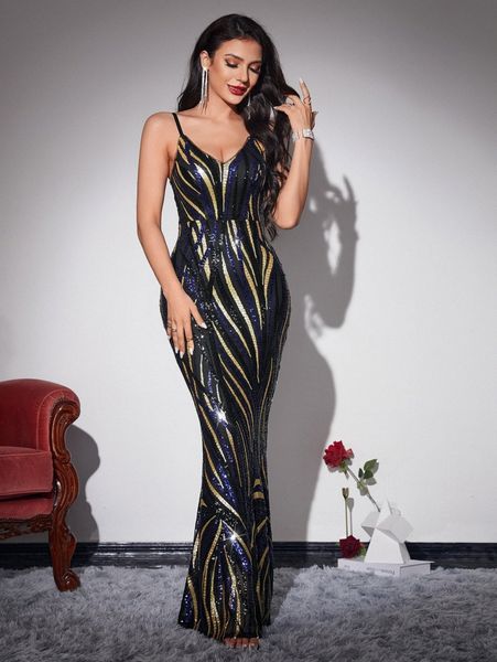 

contrast sequins maxi cami prom dress u9sk#, Black;gray