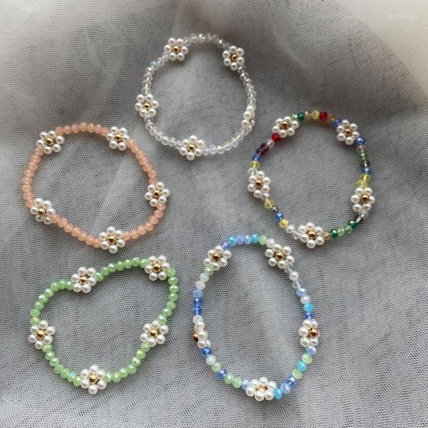 Charm-Armbänder Böhmische koreanische Perlen-Gänseblümchen-Blumen-Armband für Frauen-Mädchen-nette Imitationsperle Blumen handgemachter Schmuck PulseiraCharm Lars22