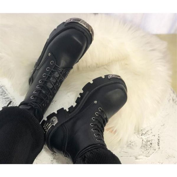 

black leather girls punk boots rock style thick bottom lace up shoes women front iron decoration short motorcycle ankle boots228y
