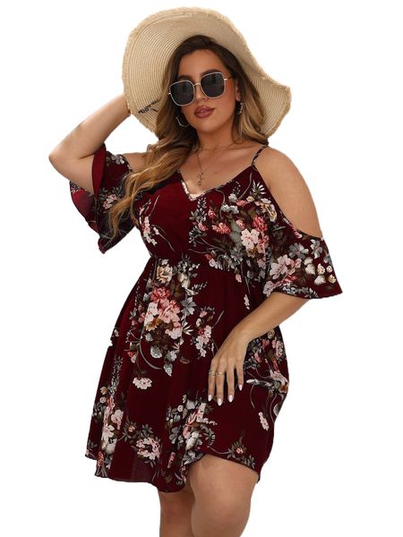 

plus floral print cold shoulder dress 77gy#, Black