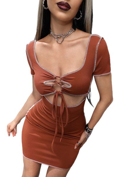 

stitching lace-up front sweetheart neck bodycon dress v3na#, Black;gray