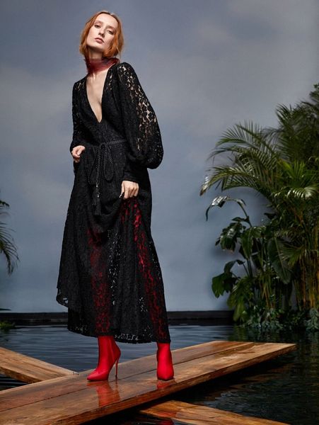 

x elle rebel deep v neck lantern sleeve belted lace dress l7qo#, Black;gray