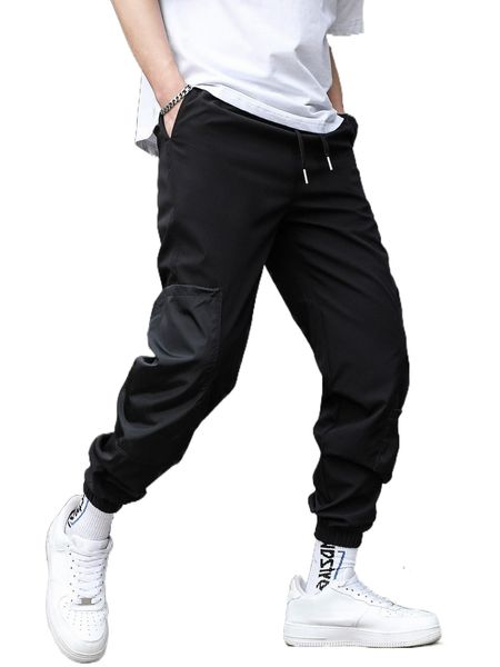 

men slant pocket drawstring waist pants k5rm#, Black