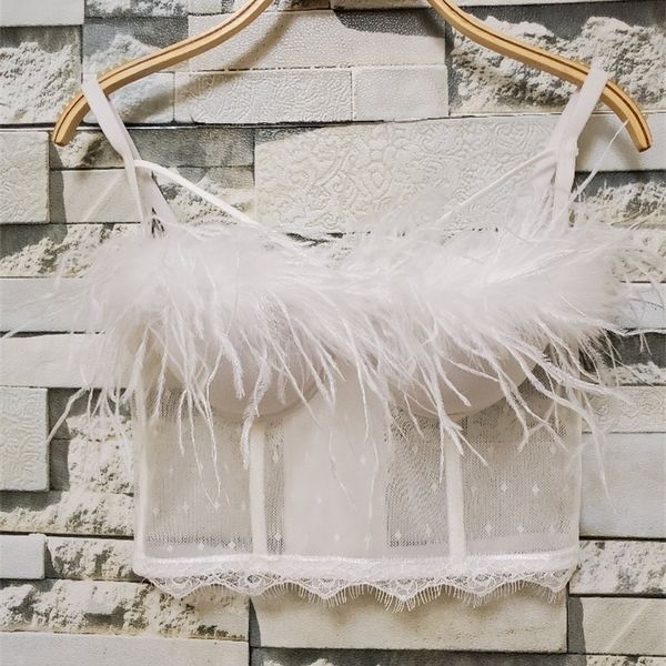 

solid color mesh lace feather camisole new autumn and winter white vest tube crop women short bustier camis k545 t200628
