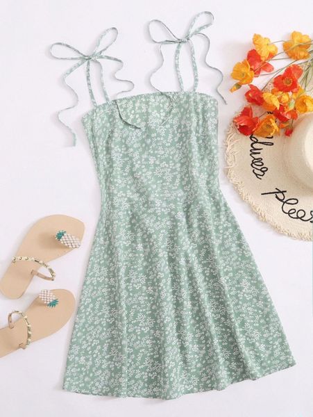 

tie shoulder shirred back ditsy floral cami dress n13a#, Black;gray