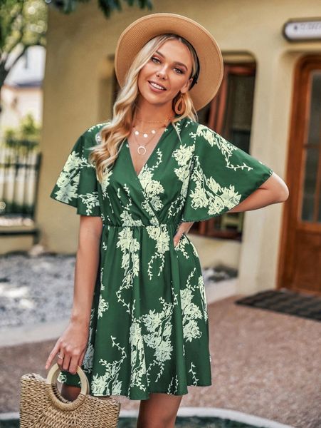 

floral print surplice neck butterfly sleeve dress c6jc#, Black;gray