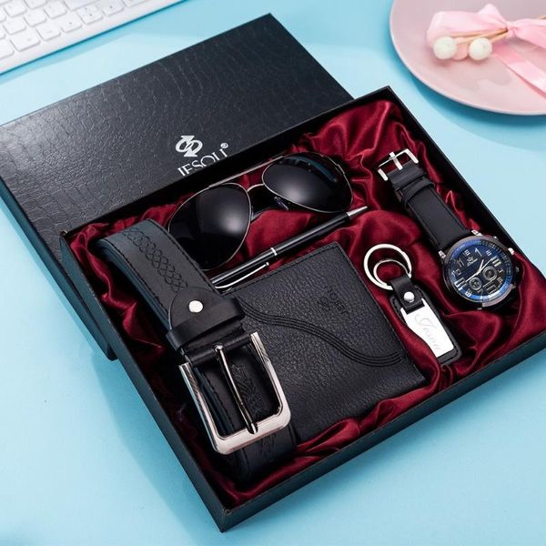 Armbanduhren 6 Teile/satz Mode Herrenuhren Set Geschenkbox Gläser Brieftasche Gürtel Stift Schlüsselanhänger Armbanduhr Geschenke Luxusuhr Für MännerArmbanduhren