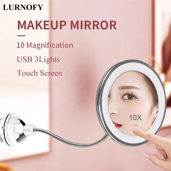 Espelho de maquiagem USB com luz LED 3 cor 10x Gravação maquiagem Touch Screen Copo de sucção flexível 220509