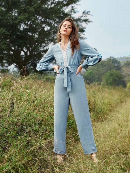 

contrast lace trim floral embroidered sleeve self belted jumpsuit x9di#, Black;white