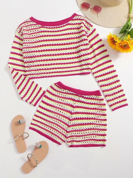

striped cover up & shorts set v1ku#, White;black