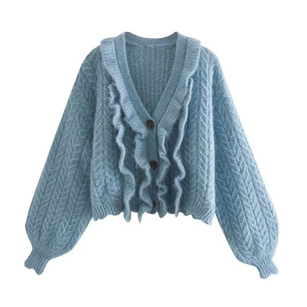 

women sweet lovely ruffle decoration sweater female v-neck lantern sleeves cardigan chic 210520, Black;brown