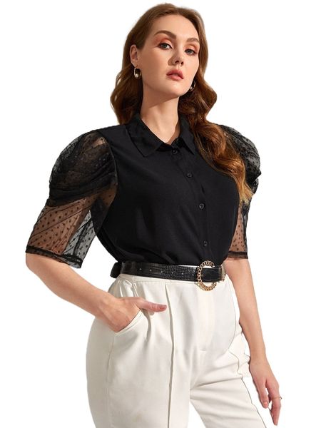 

plus contrast dobby mesh puff sleeve blouse 70wi#, Black