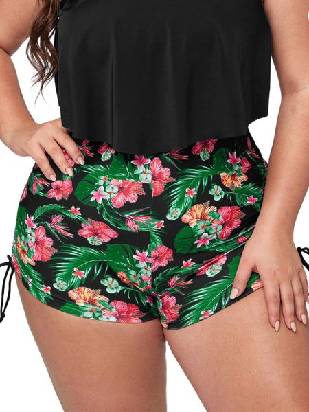 

plus tropical print drawstring bikini shorts 69jq#, Black