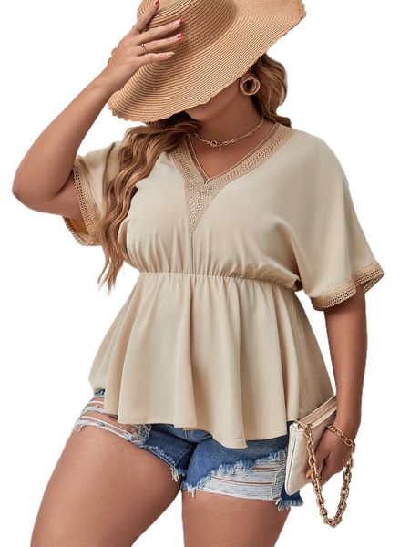 

plus guipure lace panel batwing sleeve peplum blouse k2vm#, Black
