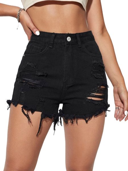 

raw hem ripped denim shorts q31w#, White;black