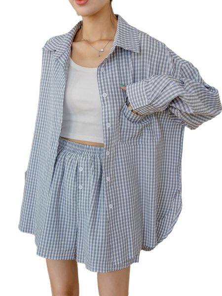 

dazy gingham patched pocket drop shoulder blouse & shorts v8fl#, White