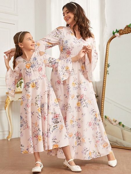 

plus 1pc floral cold shoulder bell sleeve dress x10f#, Black