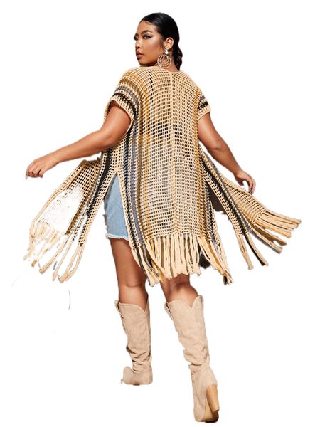 

plus striped pattern fringe trim split hem kimono without bikini j9yu#, Black;gray