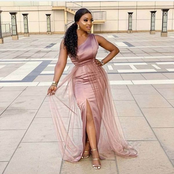 

one shoulder side slit floor length elastic satin mermaid bridesmaid gowns satin bridesmaid dresses y200109, White;black