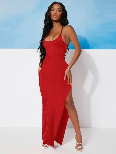 

sxy tie backless split hem cami dress s9en#, Black;gray