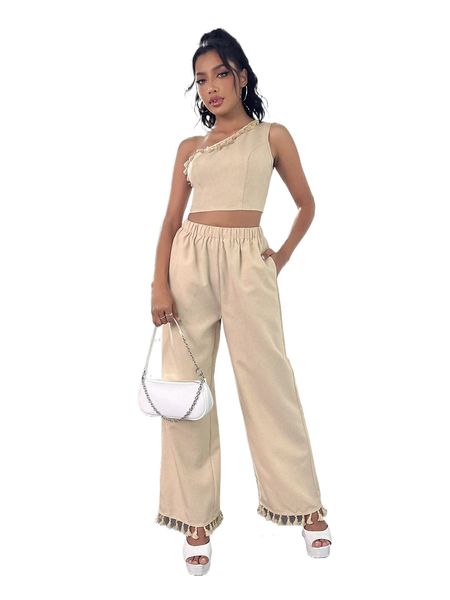 

fringe trim crop & wide leg pants set w7i3#, White