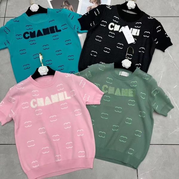 

girl knits clothes womens t-shirt fashion knit women clothing classic with letters embroidery short sleeve slim knitted s-xl, White