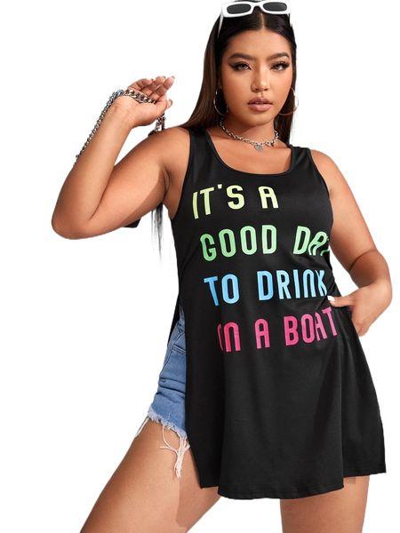 

plus slogan graphic split hem tank i77i#, Black