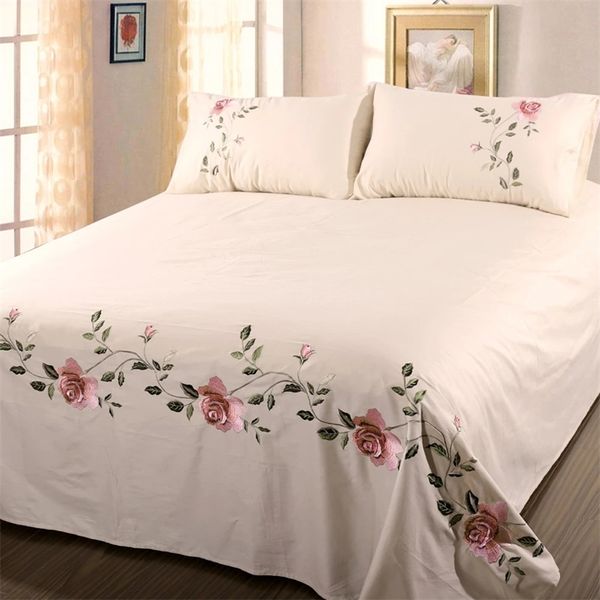 WOSTAR Rose Flora Stickerei Design flaches Bettlaken einfarbig Baumwolltwill Leinen Bettwäsche Luxus Heimtextilien Queen King Size 220514