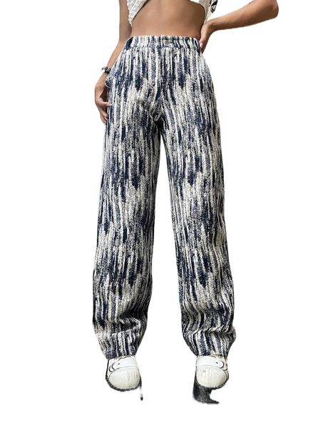 

high waist graphic print wide leg pants without belt y5ju#, Black;white