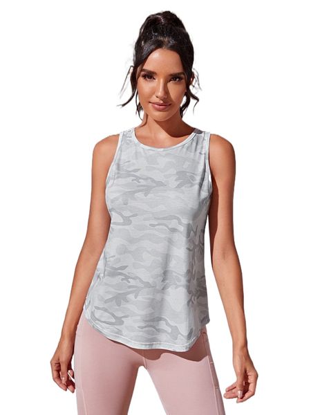 

camo print curved hem sports tee 05eo#, Gray