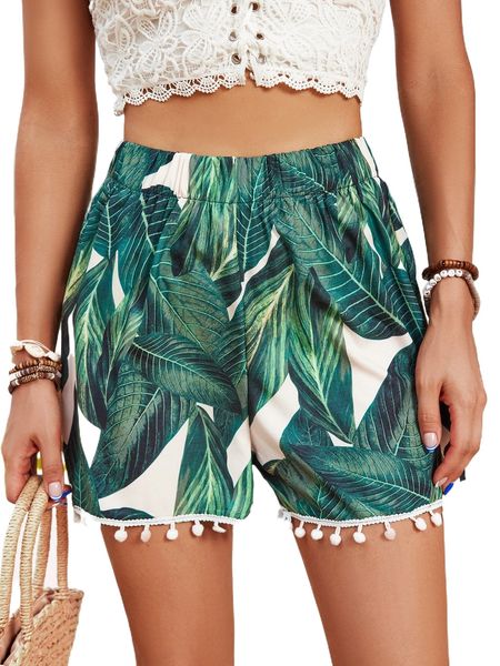 

tropical print pom pom trim shorts s1wh#, White;black