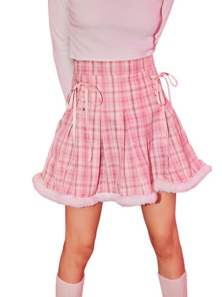 

romwe plaid fuzzy hem lace up skirt 42bx#, Black
