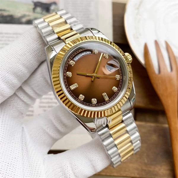 Orologi da uomo con quadrante grande e diamanti, orologio meccanico automatico da 41 mm, orologio da polso in acciaio inossidabile 904l, quadrante marrone