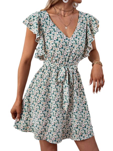 

ditsy floral tie back butterfly sleeve belted dress h9xr#, Black;gray