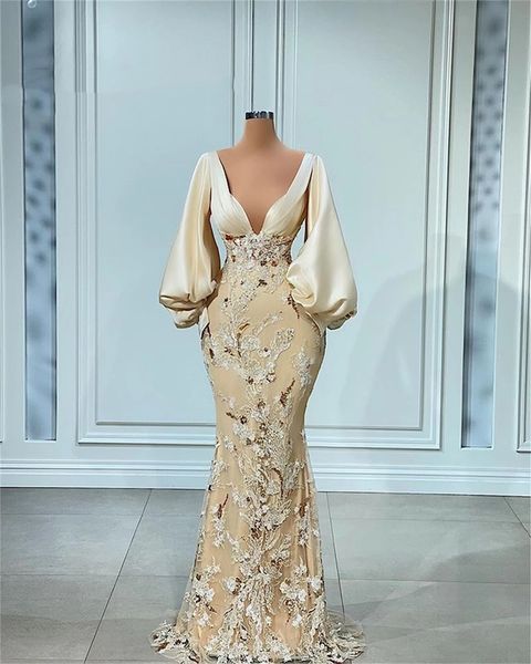 

champagne puffy long sleeve evening dresses v-neck stain lace floral mermaid arabic aso ebi prom reception second engagement gowns, Black;red