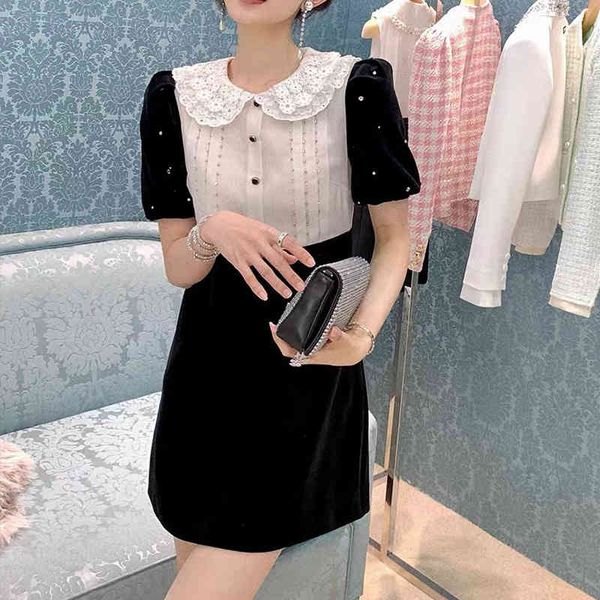 

spring and summer new dress lace doll collar bubble sleeve diamond inlaid thin black and white middle skirt celebrity skirt outlet_mzt0, Black;gray