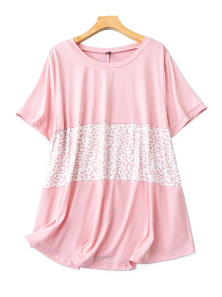 

plus leopard print round neck tee n48q#, Black