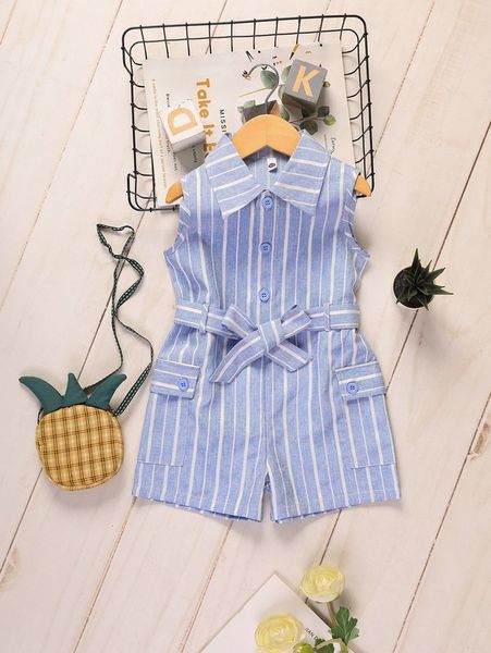 

toddler girls striped print flap pocket belted romper she, Blue