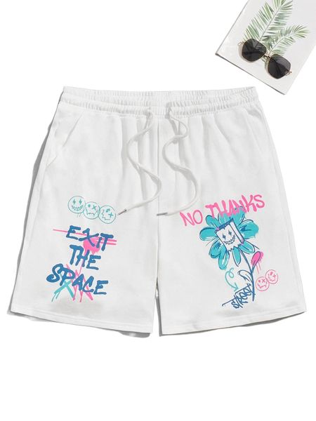 

men slogan & expression print drawstring waist shorts 92ct#, White;black