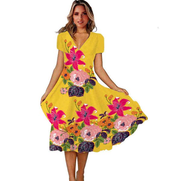 

luxury designer women's maxi dresses for women plus 2022 women's v-neck short sleeve long skirt positioning printed large swing dr, Black;gray