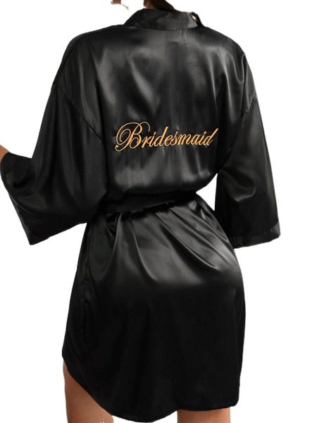 

letter embroidered belted satin bridesmaid robe 78ol#, Black;red